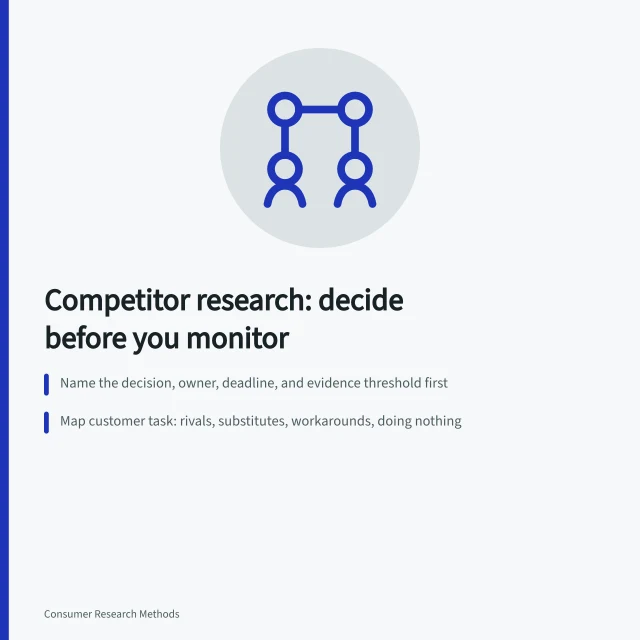 Clipboard checklist for competitor research decisions, evidence rules, and competitive arena mapping. Competitor research: a focused business guide for 2027