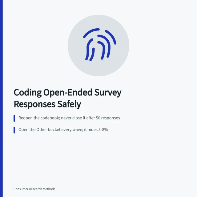 Card on auditing open-ended survey coding: codebook, residual bucket, coder overlap. How to Analyze Open-Ended Survey Responses Without Losing Your Mind