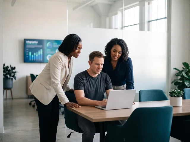 office, collaboration, meeting, diversity, laptop, professionals, teamwork, computer, modern, colleagues, workplace, technology, company, strategy, discussion, communication, career, men and women, leadership, conference room. Market research strategy case studies for business teams