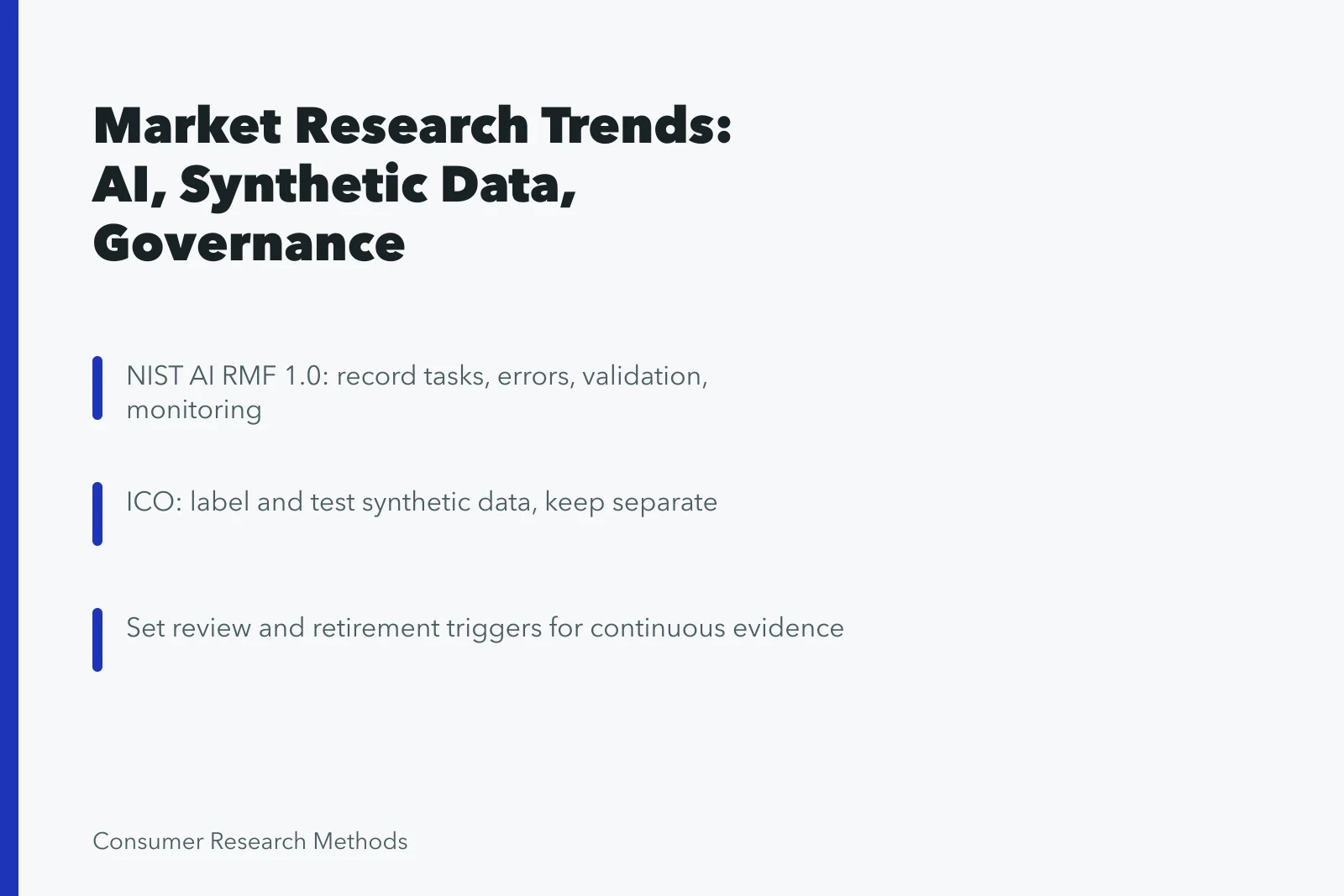 Card summarizing 2027 market research trends: AI risk, synthetic data, continuous evidence. Market research strategy trends worth taking seriously