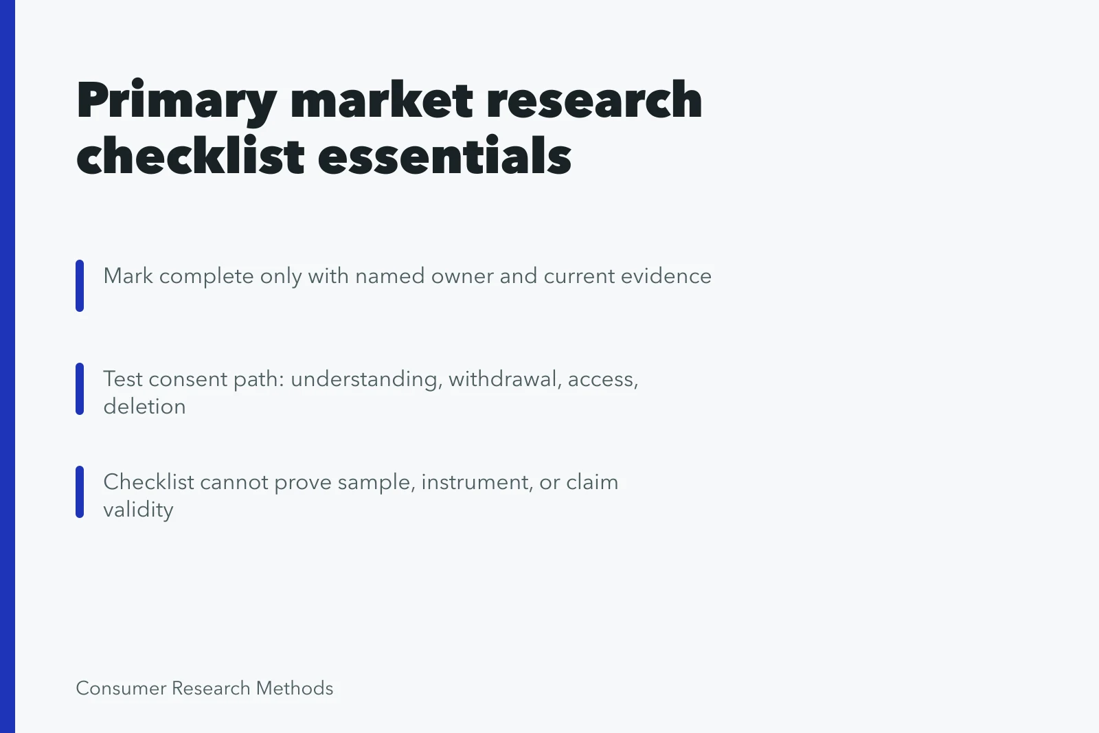 Checklist card for primary market research planning and evidence review. Primary market research checklist, from first line to sign-off