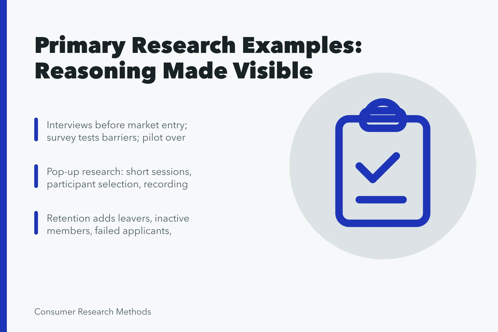 Card summarizing primary market research examples and their documented limits. Primary market research examples with the reasoning laid bare