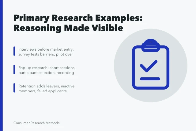 Card summarizing primary market research examples and their documented limits. Primary market research examples with the reasoning laid bare