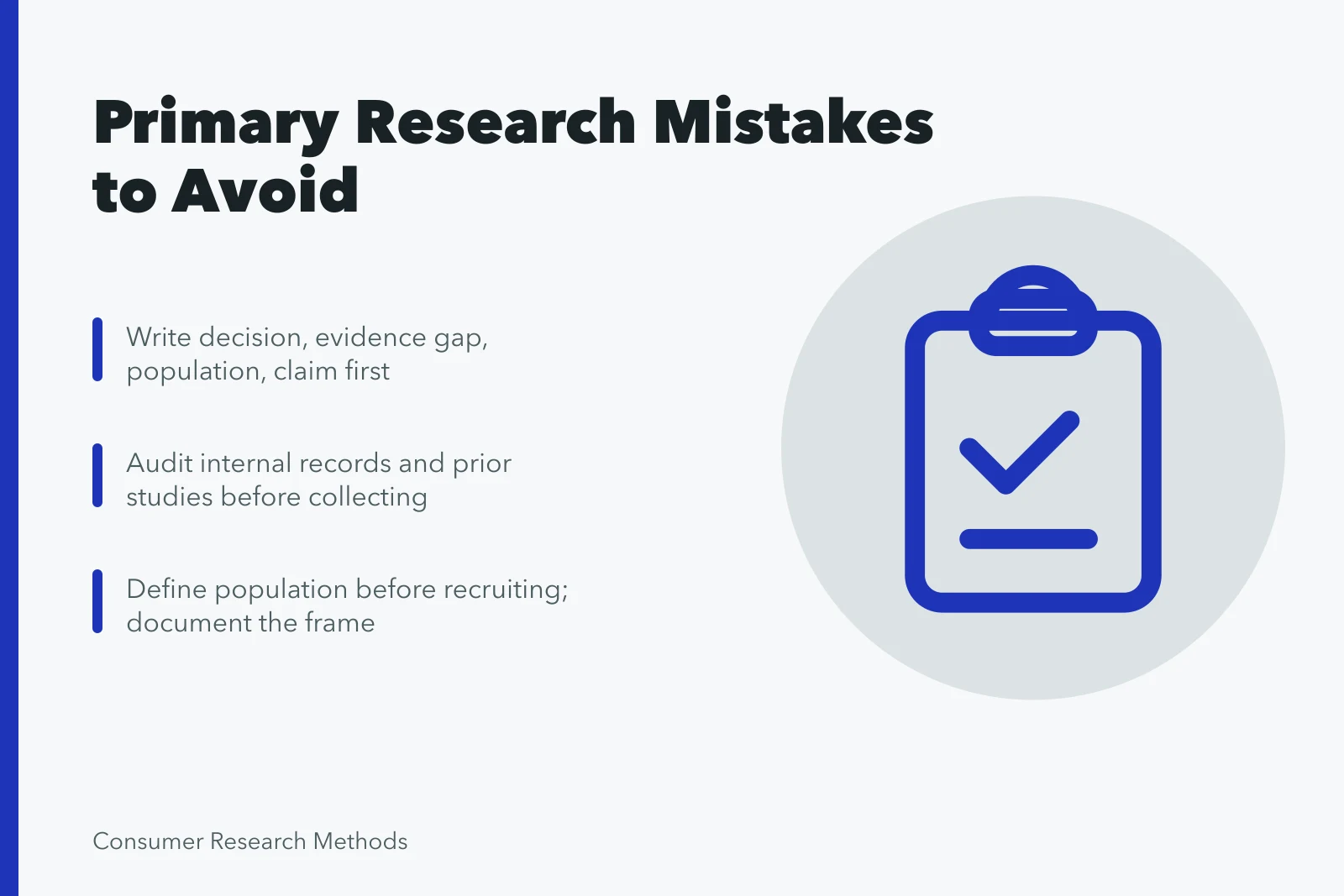 Clipboard questionnaire with checklist marking research mistakes to avoid. Primary market research mistakes: the traps and the way around them