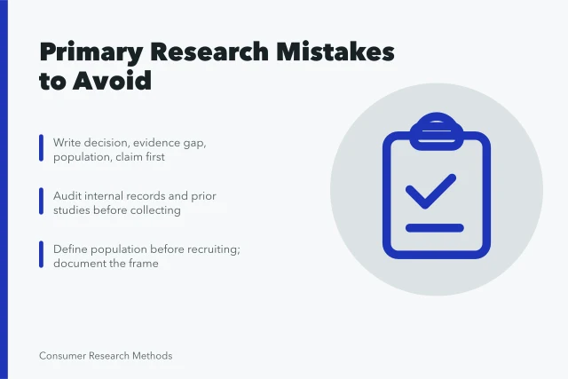 Clipboard questionnaire with checklist marking research mistakes to avoid. Primary market research mistakes: the traps and the way around them