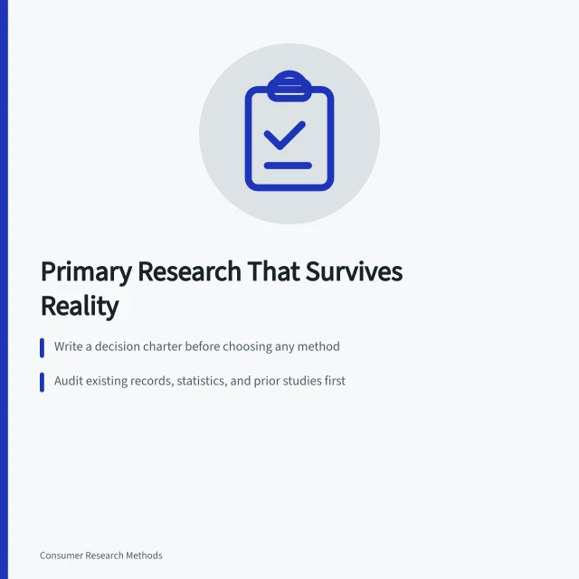 Card summarizing primary market research decision charter and evidence audit steps. Primary market research: the version that survives contact with reality