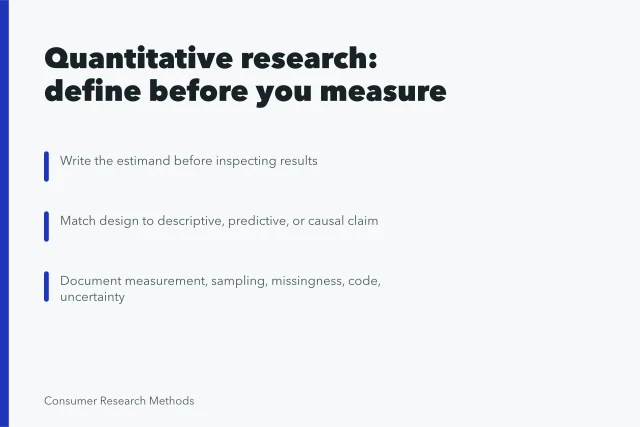 Card summarizing quantitative research steps: estimand, claim type, documentation. Notes on quantitative research from the field, 2027 edition