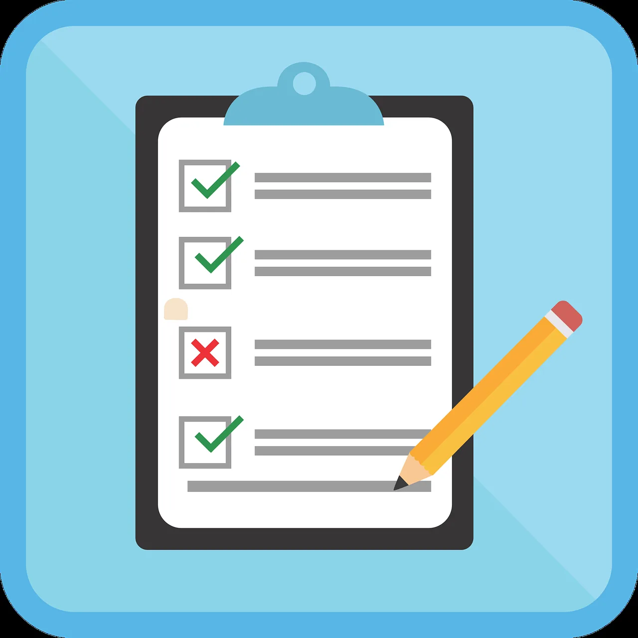 Blue checklist illustration with green check marks, a red cross, and a yellow pencil.